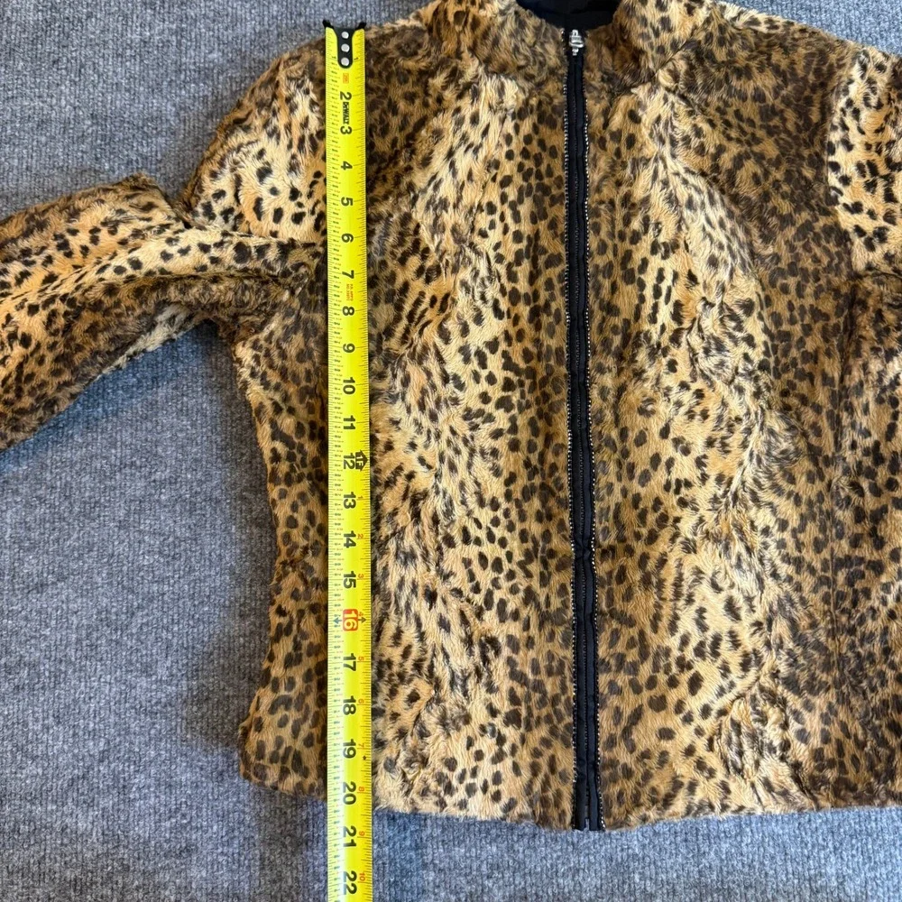 Y2K Leopard Print Faux Fur Rhinestone Zip Up Jacket Mock Neck Brown Black Small